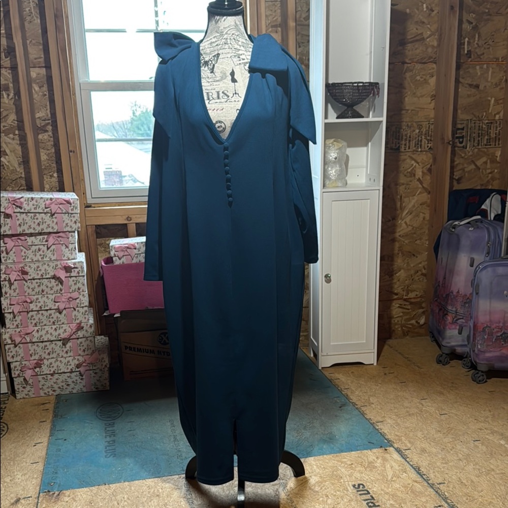 SHEIN Blue Long Sleeve Plunge Sailor Collar Dress